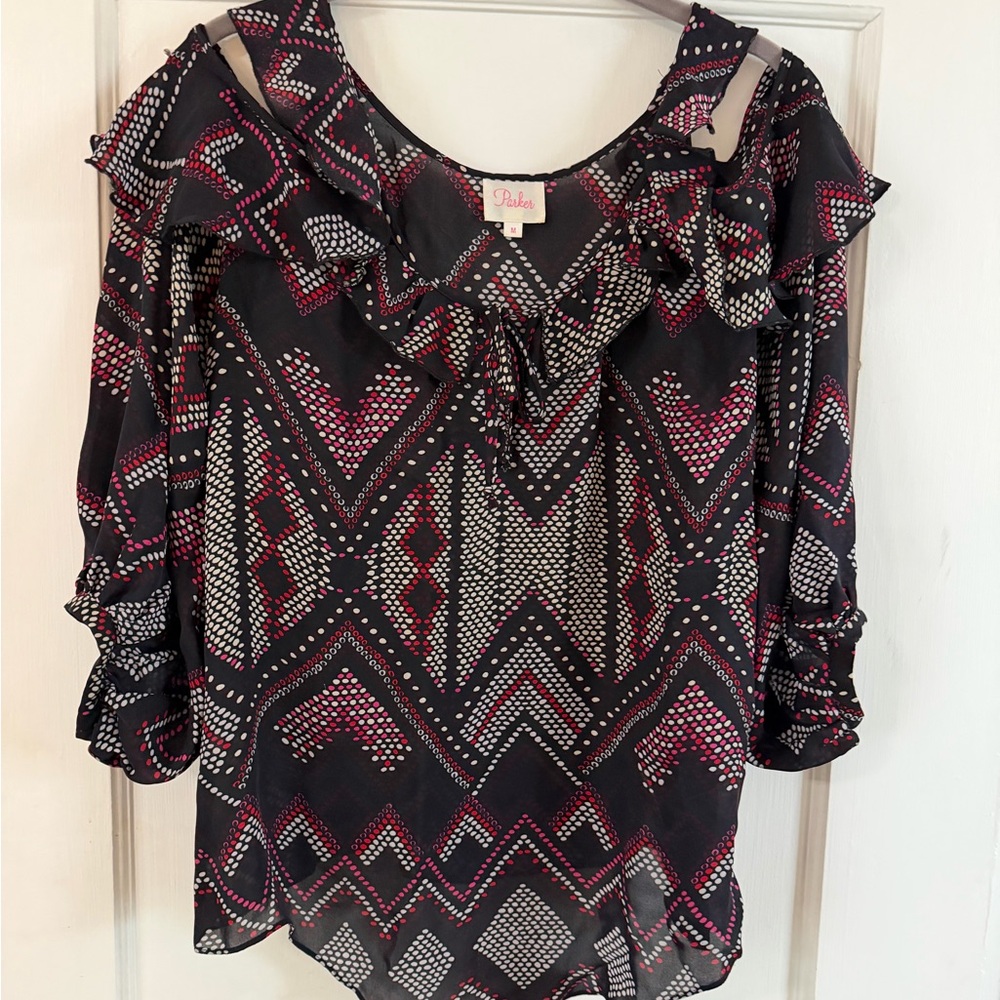 Parker Silk Blouse with Black, White and Pink Geometric Dot pattern
